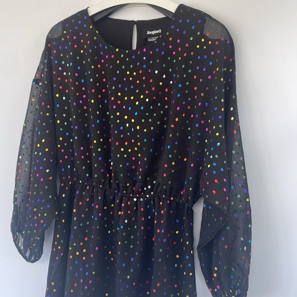 Desigual Emporda Festive Black Dress Metallic Multicoloured Rainbow Polka Dot M - Picture 1 of 17